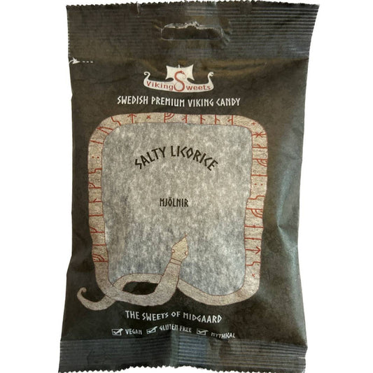 En godispåse Salty Licorice Mjölnir 120g från Viking Sweets