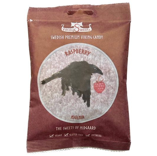 En godispåse Raspberry Mjölnir Fruktgodis 120g från Viking Sweets