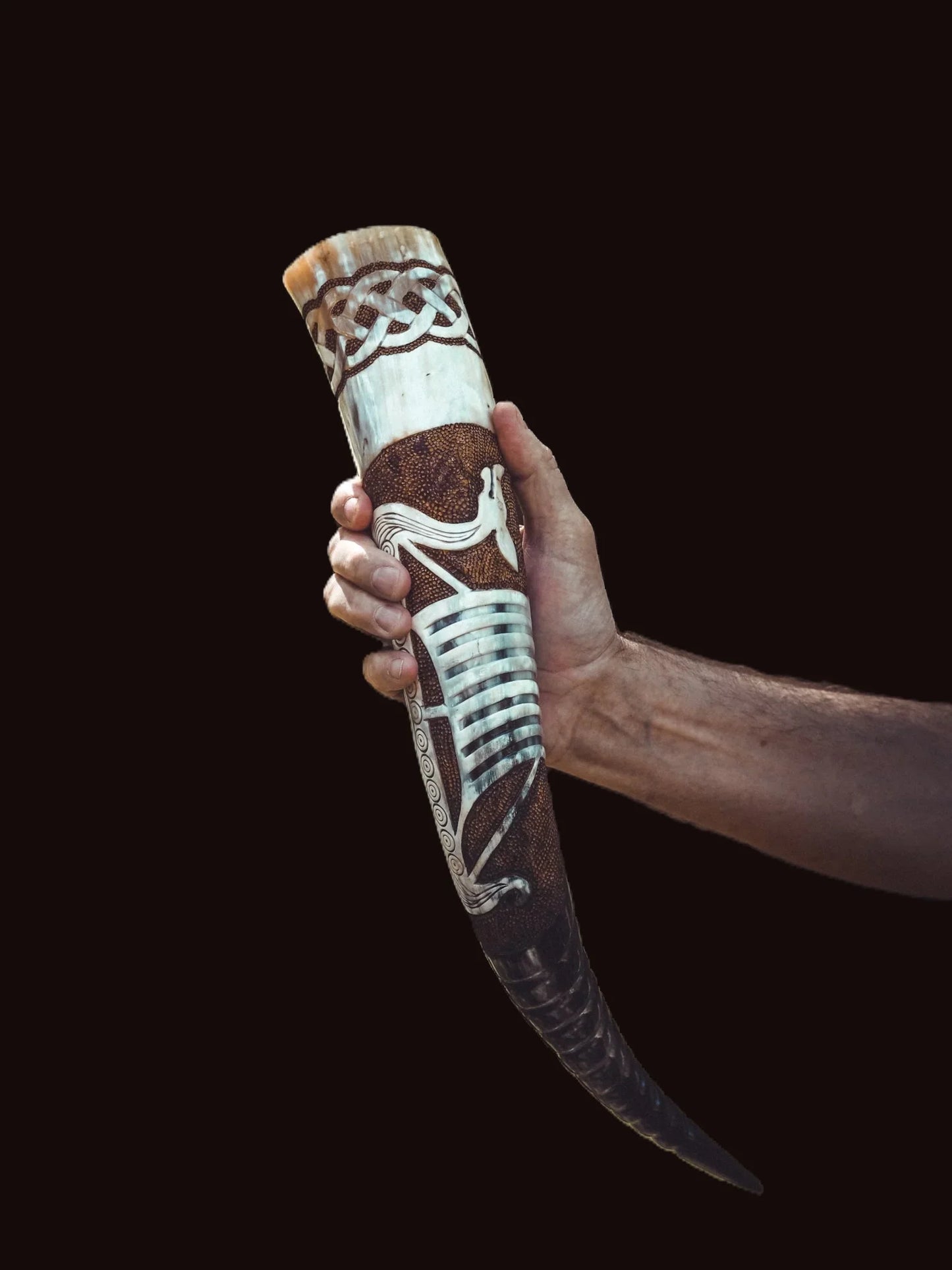 Djupt snidad dryckeshorn, vikingaskepp